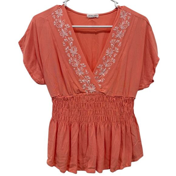 love on a hanger Tops - Love on a Hanger Faux Wrap Peplum Coral Top White Floral Detail Extra Small